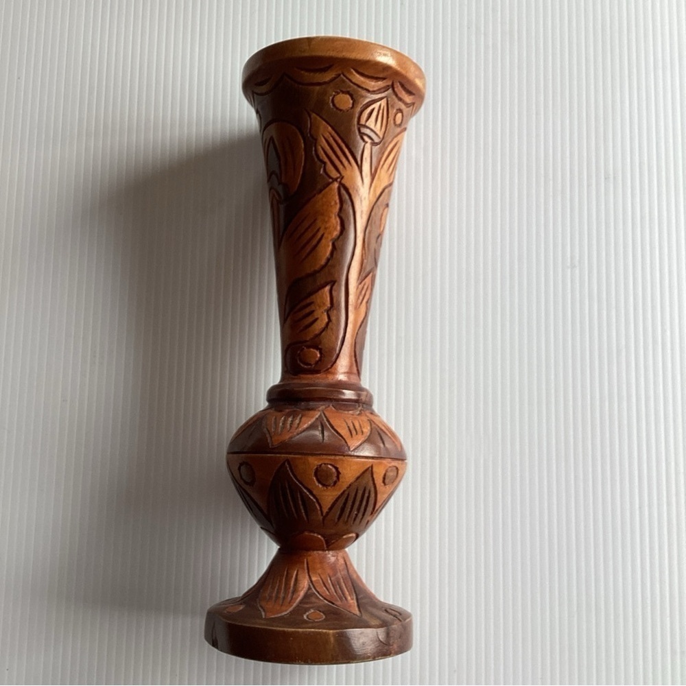 Hand Carved Wood Vintage Folk Art Flower Vase Figure Statue Decor 11” - Picture 2 of 7